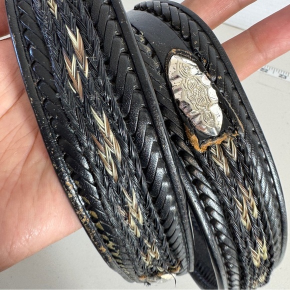 Vintage Western Rustic Tooled Leather Belt Black Silver Buckle Braided Sz 34 - Picture 10 of 16